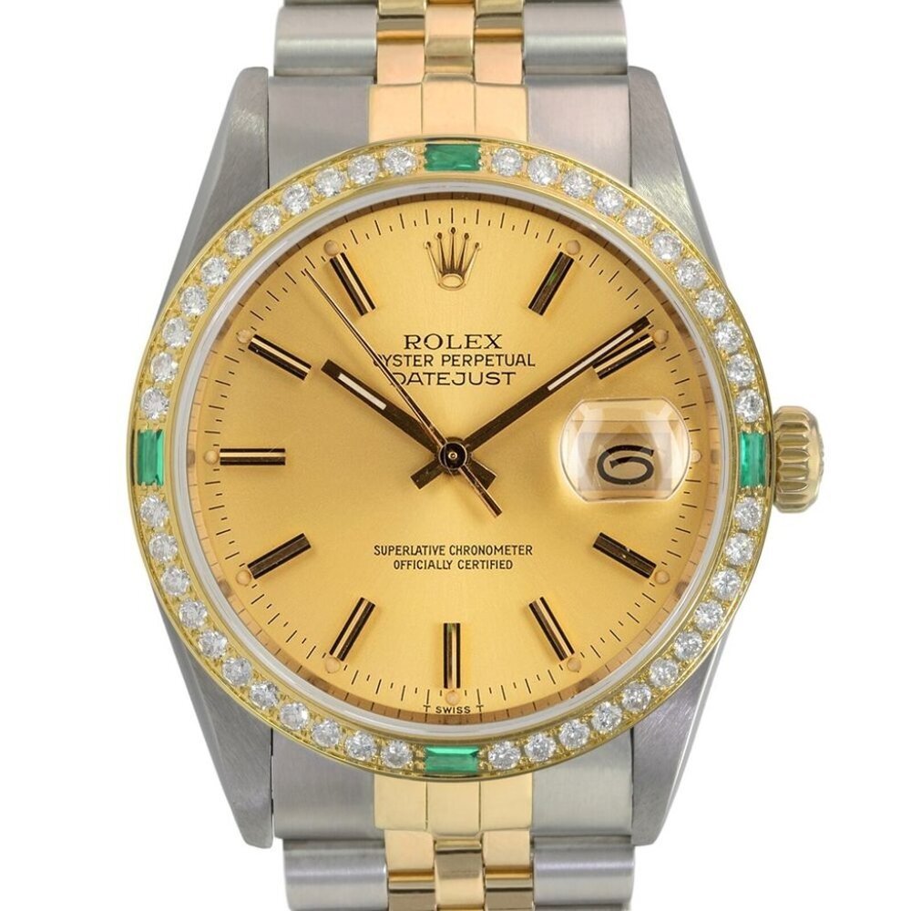 ROLEX DATEJUST 36MM 16233 TWO-TONE CHAMPAGNE DIAL DIAMOND-EMERALD BEZEL WATCH